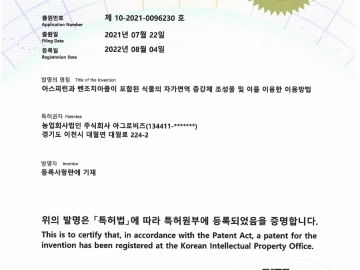  Patent certificate (Plant autoimmune enhancer composition containing aspirin and benzothiazole and method of using the same)