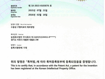 Patent certificate (method for manufacturing water-soluble spherical fertilizer)